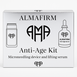 Almafirm Anti-Age Kit packaging with microneedling device and lifting serum illustration.