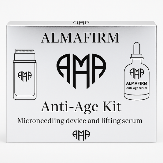 Almafirm Anti-Age Kit packaging with microneedling device and lifting serum illustration.
